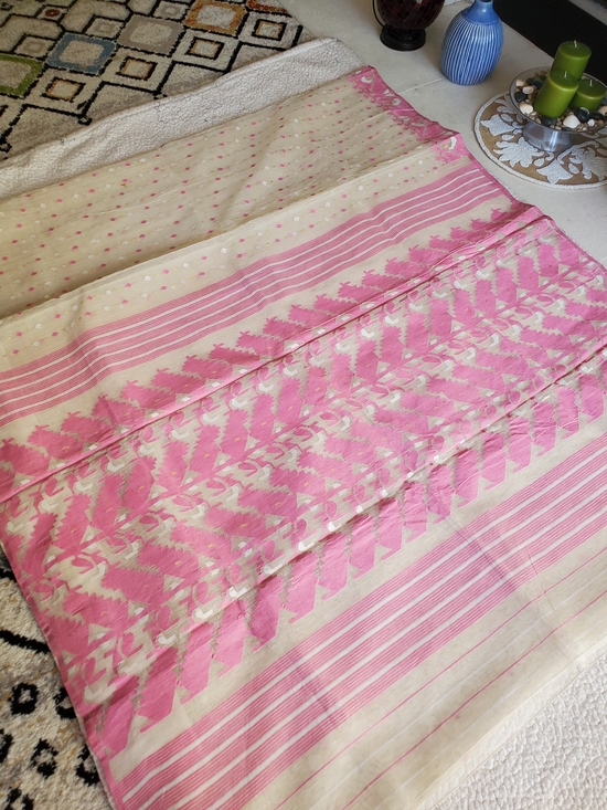 Elegant Pink & Cream Pure Cotton Dhakai Jamdani Saree Handloom Mint Condition main image 14